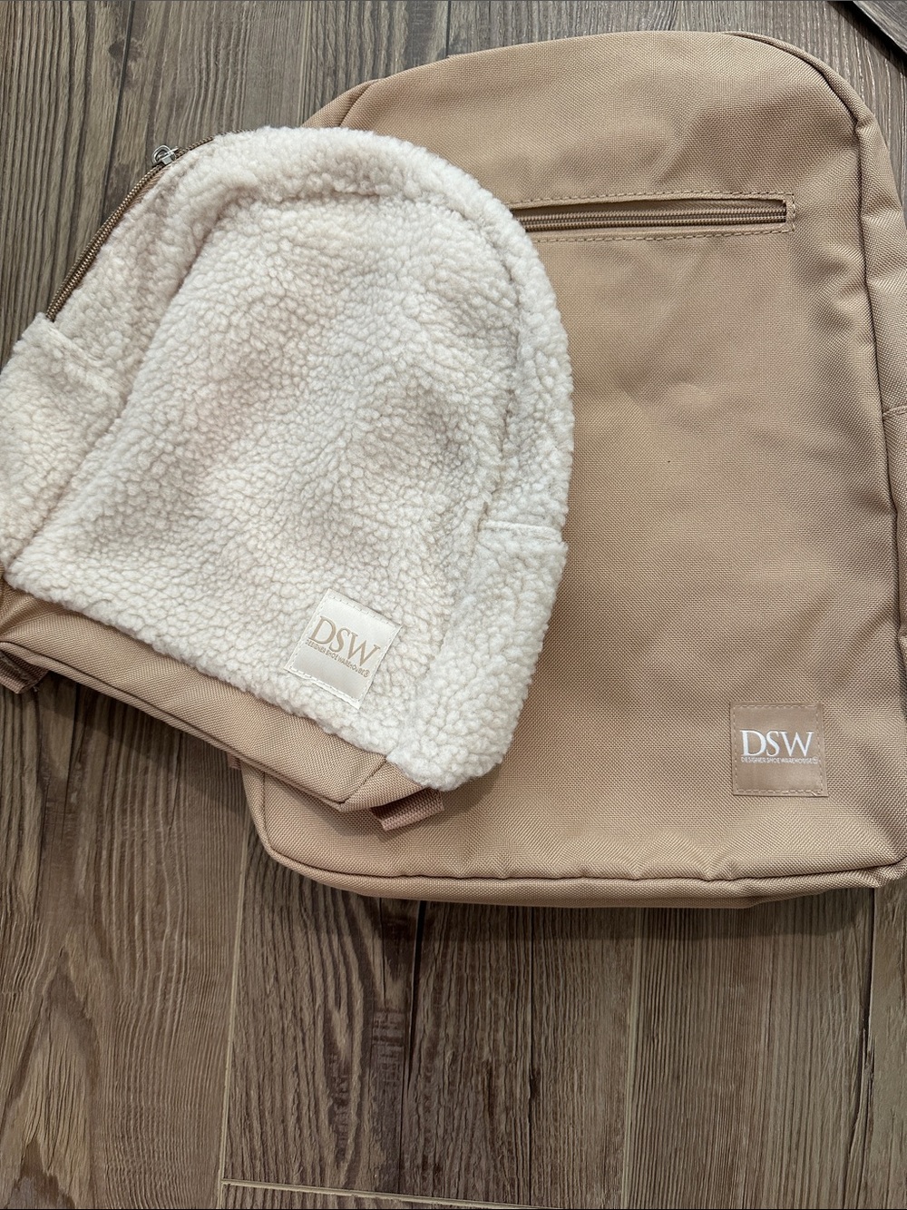 DSW Tan Canvas Backpack with Cream Sherpa Pocket